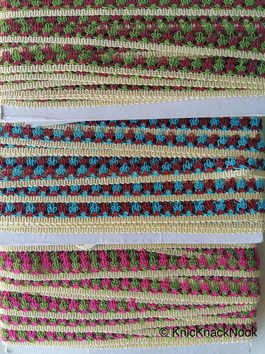 Maroon Red, Blue And Beige Thread Embroidered Lace Trim, 16mm wide
